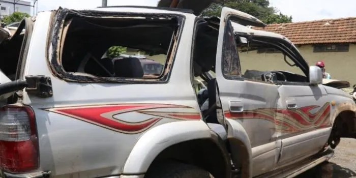 A side view of the vehicle that crushed along Ngong Road, near Dagoretti in Nairobi on February 20, 2022.