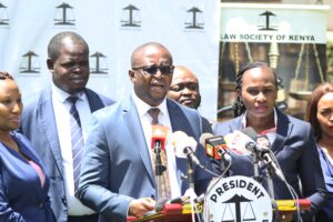 Law Society of Kenya President Eric Theuri at the LSK Centre with other members addressing the Press on March 28, 2023