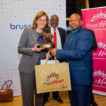 (L-R) Dorothea von Boxberg, CEO, Brussels Airlines and KTB Board Member David Tanki during the reception of Brussels Air. Looking on is KAA Chairman, Hon. Caleb Kositanyi.