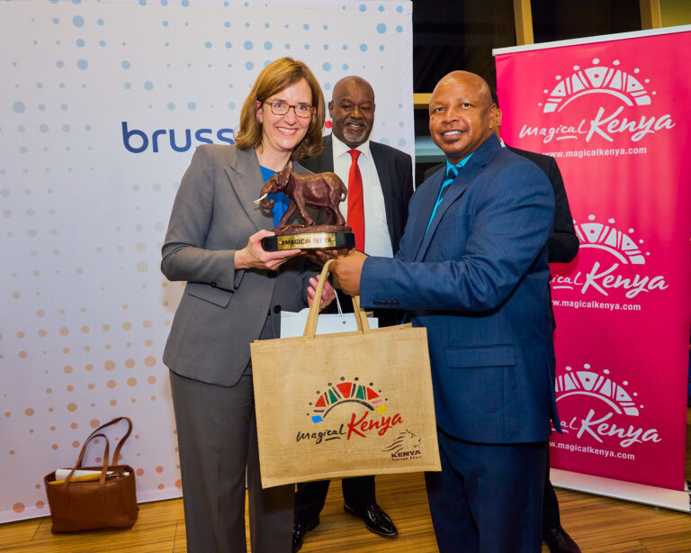 (L-R) Dorothea von Boxberg, CEO, Brussels Airlines and KTB Board Member David Tanki during the reception of Brussels Air. Looking on is KAA Chairman, Hon. Caleb Kositanyi.